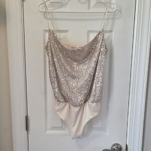 Sequin Draped Bodysuit in Champagne Color